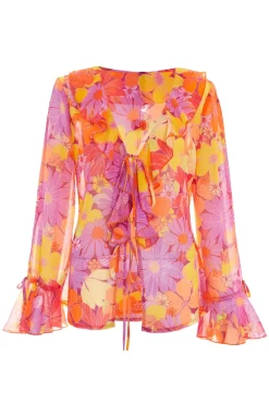 Pink Floral Tie Front Blouse