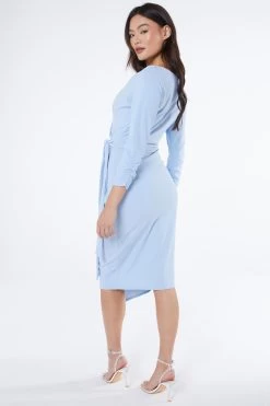Light Blue Wrap Tie Midi Dress -Women Clothing Sale 00100038461 XB
