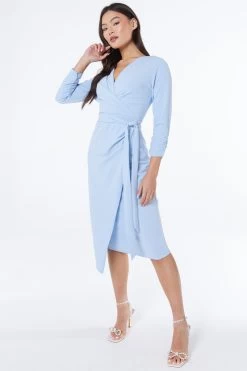 Light Blue Wrap Tie Midi Dress -Women Clothing Sale 00100038461 XS