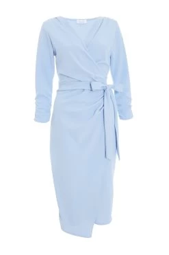 Light Blue Wrap Tie Midi Dress