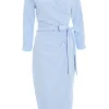 Light Blue Wrap Tie Midi Dress