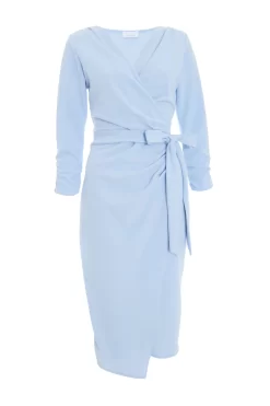 Light Blue Wrap Tie Midi Dress