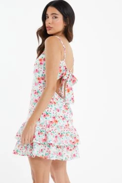 White Ditsy Floral Frill Mini Dress -Women Clothing Sale 00100038464 XB