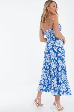 Blue Floral Strappy Midi Dress -Women Clothing Sale 00100038468 XB
