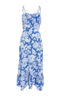 Blue Floral Strappy Midi Dress
