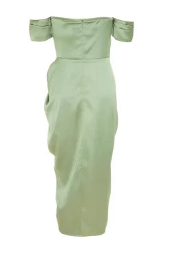 Sage Satin Ruched Bardot Midi Dress 10 Sage Satin Ruched Bardot Midi Dress -Women Clothing Sale 00100038471 ZB scaled