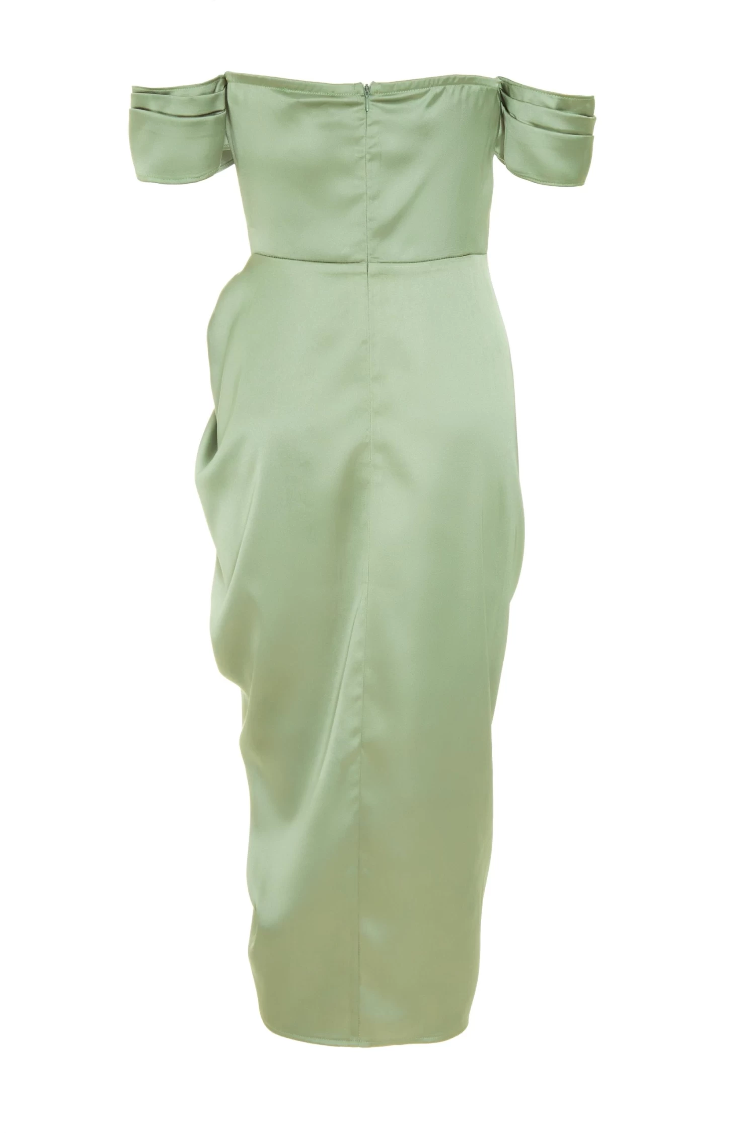 Sage Satin Ruched Bardot Midi Dress 5 Sage Satin Ruched Bardot Midi Dress - Image 5