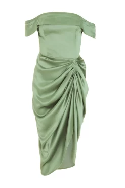 Sage Satin Ruched Bardot Midi Dress