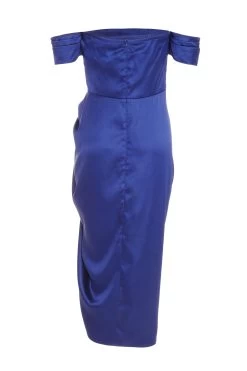 Navy Satin Ruched Bardot Midi Dress -Women Clothing Sale 00100038472 ZB