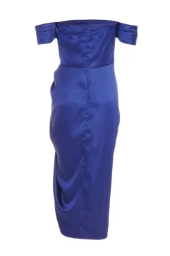 Navy Satin Ruched Bardot Midi Dress 10 Navy Satin Ruched Bardot Midi Dress -Women Clothing Sale 00100038472 ZB scaled
