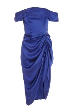 Women Clothing Sale 41 Navy Satin Ruched Bardot Midi Dress