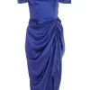 Navy Satin Ruched Bardot Midi Dress