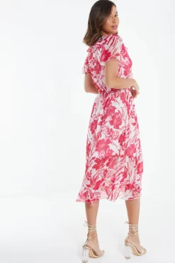 Pink Floral Frill Hem Wrap Midi Dress -Women Clothing Sale 00100038514 XB scaled
