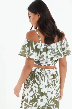 Khaki Floral Bardot Crop Top -Women Clothing Sale 00100038521 XB scaled