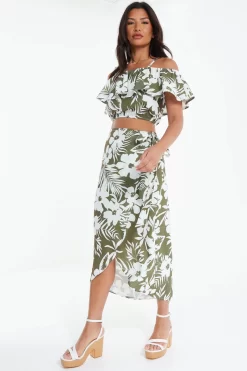 Khaki Floral Bardot Crop Top -Women Clothing Sale 00100038521 XS scaled