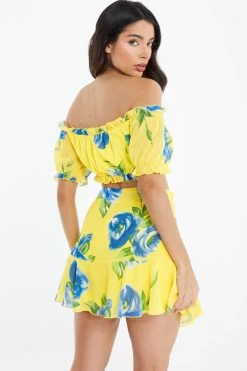 Yellow Floral Wrap Mini Skirt -Women Clothing Sale 00100038548 XB