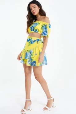 Yellow Floral Wrap Mini Skirt -Women Clothing Sale 00100038548 XS