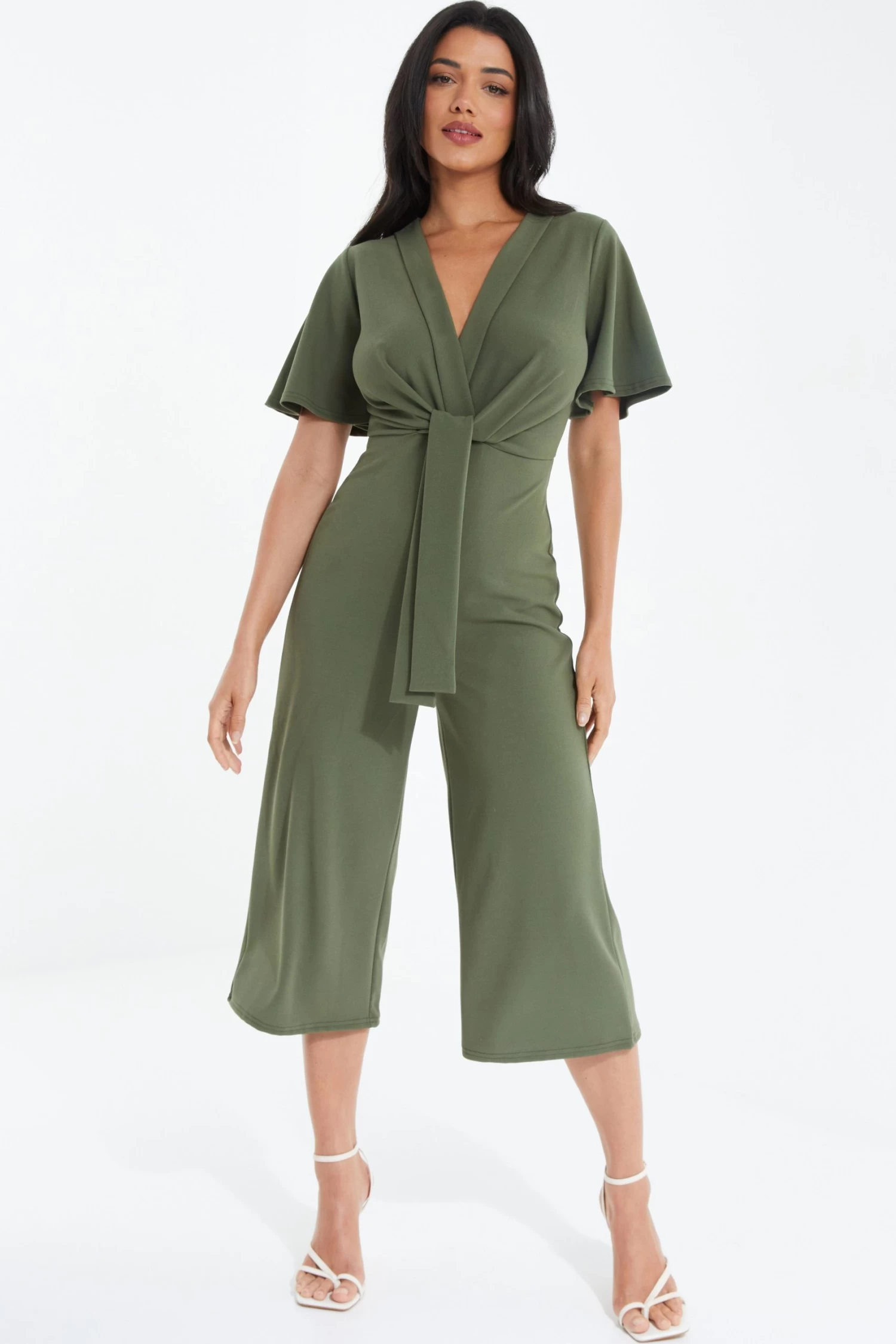 Khaki Wrap Tie Culotte Jumpsuit 2 Khaki Wrap Tie Culotte Jumpsuit - Image 2