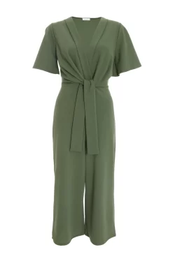 Khaki Wrap Tie Culotte Jumpsuit