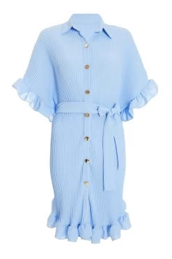 Blue Oversized Pleated Shirt Dress