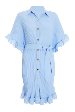 Blue Oversized Pleated Shirt Dress