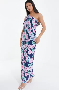 Navy Floral One Shoulder Maxi Dress -Women Clothing Sale 00100038594 XS scaled
