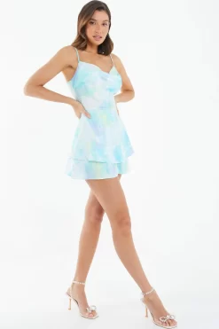 Blue Satin Smudge Print Playsuit -Women Clothing Sale 00100038599 XS scaled