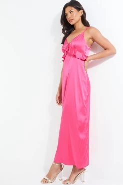 Pink Satin Frill Slip Midi Dress -Women Clothing Sale 00100038602 XS