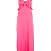 Pink Satin Frill Slip Midi Dress