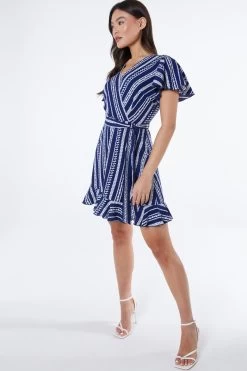 Navy Stripe Wrap Mini Dress 9 Navy Stripe Wrap Mini Dress -Women Clothing Sale 00100038621 XS
