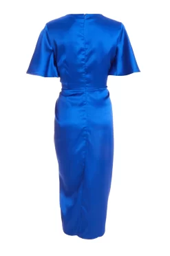 Royal Blue Satin Wrap Ruched Midi Dress -Women Clothing Sale 00100038638 ZB scaled