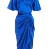 Royal Blue Satin Wrap Ruched Midi Dress