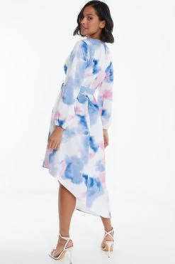 Blue Satin Asymmetric Hem Midi Dress 8 Blue Satin Asymmetric Hem Midi Dress -Women Clothing Sale 00100038640 XB