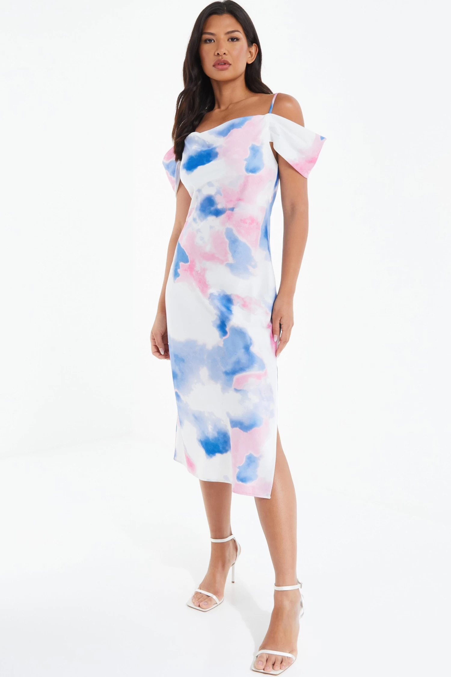 Blue Satin Marble Print Midi Dress 2 Blue Satin Marble Print Midi Dress - Image 2