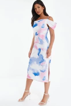 Blue Satin Marble Print Midi Dress 9 Blue Satin Marble Print Midi Dress -Women Clothing Sale 00100038641 XS