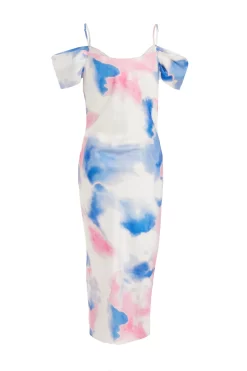 Blue Satin Marble Print Midi Dress -Women Clothing Sale 00100038641 ZB scaled