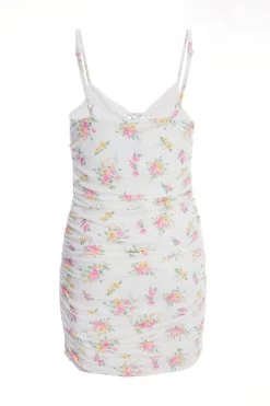 White Ditsy Floral Ruched Mini Dress -Women Clothing Sale 00100038656 ZB