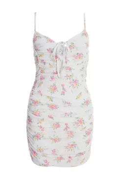 White Ditsy Floral Ruched Mini Dress