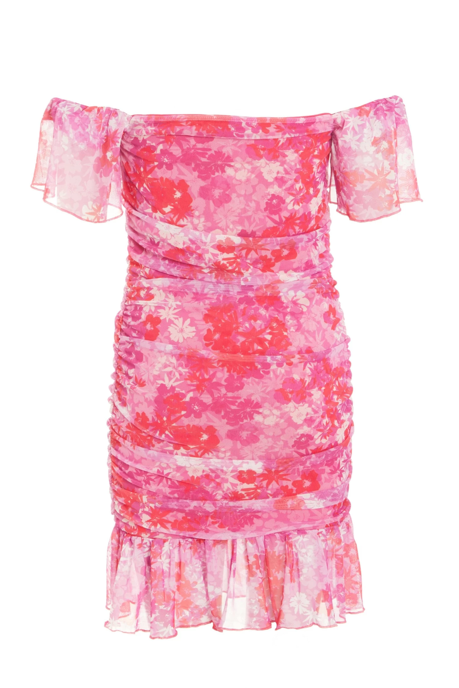 Pink Floral Ruched Bardot Mini Dress 5 Pink Floral Ruched Bardot Mini Dress - Image 5