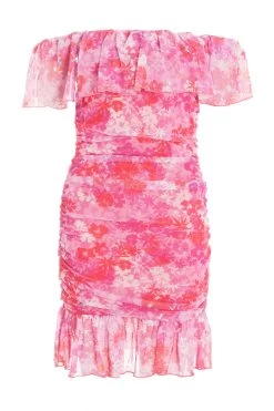 Pink Floral Ruched Bardot Mini Dress