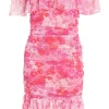 Pink Floral Ruched Bardot Mini Dress