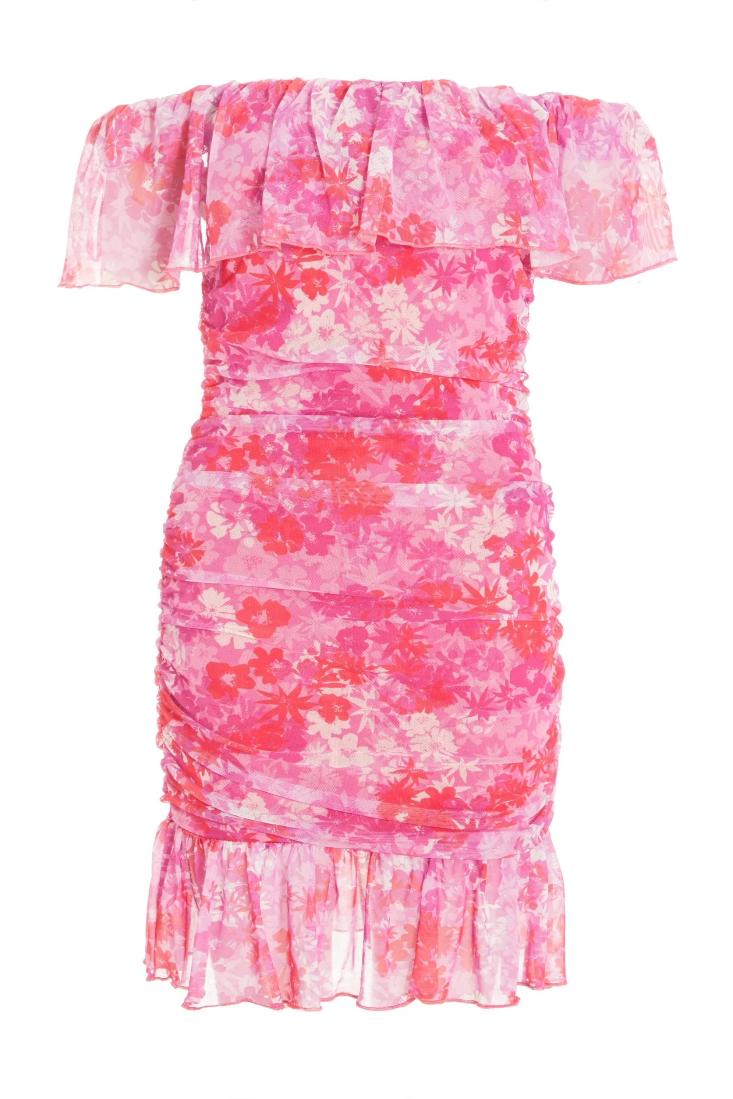 Pink Floral Ruched Bardot Mini Dress 1 Pink Floral Ruched Bardot Mini Dress