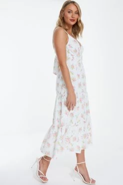 White Ditsy Floral Ruched Midi Dress -Women Clothing Sale 00100038658 XS