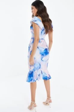 Blue Marble Print Bardot Midi Dress -Women Clothing Sale 00100038685 XB