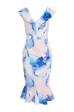 Blue Marble Print Bardot Midi Dress -Women Clothing Sale 00100038685 ZB
