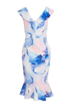 Blue Marble Print Bardot Midi Dress 10 Blue Marble Print Bardot Midi Dress -Women Clothing Sale 00100038685 ZB scaled