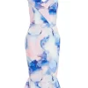 Blue Marble Print Bardot Midi Dress