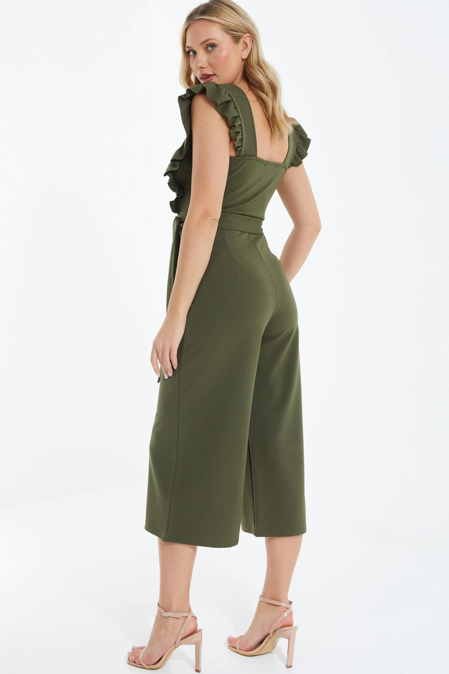 Khaki Wrap Frill Front Culotte Jumpsuit 3 Khaki Wrap Frill Front Culotte Jumpsuit - Image 3
