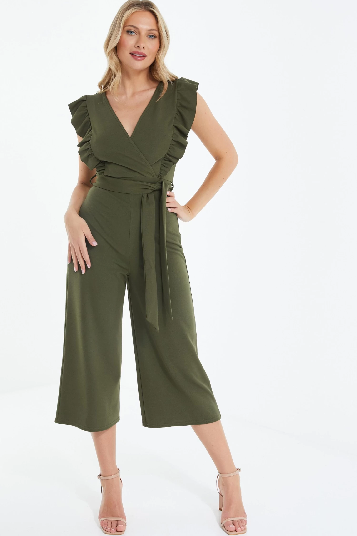 Khaki Wrap Frill Front Culotte Jumpsuit 2 Khaki Wrap Frill Front Culotte Jumpsuit - Image 2
