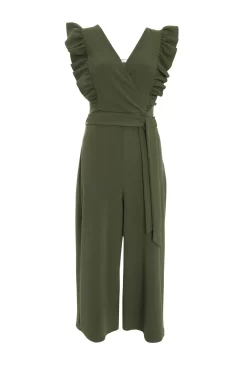 Khaki Wrap Frill Front Culotte Jumpsuit